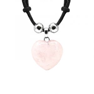 Handmade heart-shaped tumbled gemstone crystal pendant on adjustable necklace in light pink rose quartz.