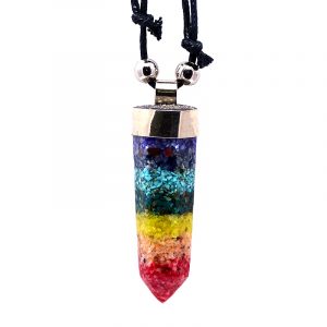 Hexagonal-cut resin and crushed chip stone inlay crystal point orgonite pendant with silver metal on adjustable necklace in striped 7 chakra rainbow colors.