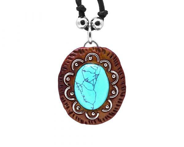 Handmade oval-shaped gemstone cabochon crystal pendant with silver metal and brown resin border on adjustable necklace in turquoise blue howlite.