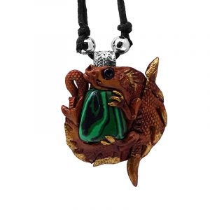 Handmade tumbled gemstone crystal pendant with brown resin dragon shaped border on adjustable necklace in green malachite.
