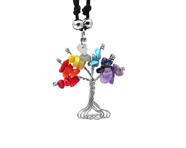Handmade silver metal wire wrapped chip stone tree of life pendant on adjustable necklace in Chakra-themed rainbow color combination.