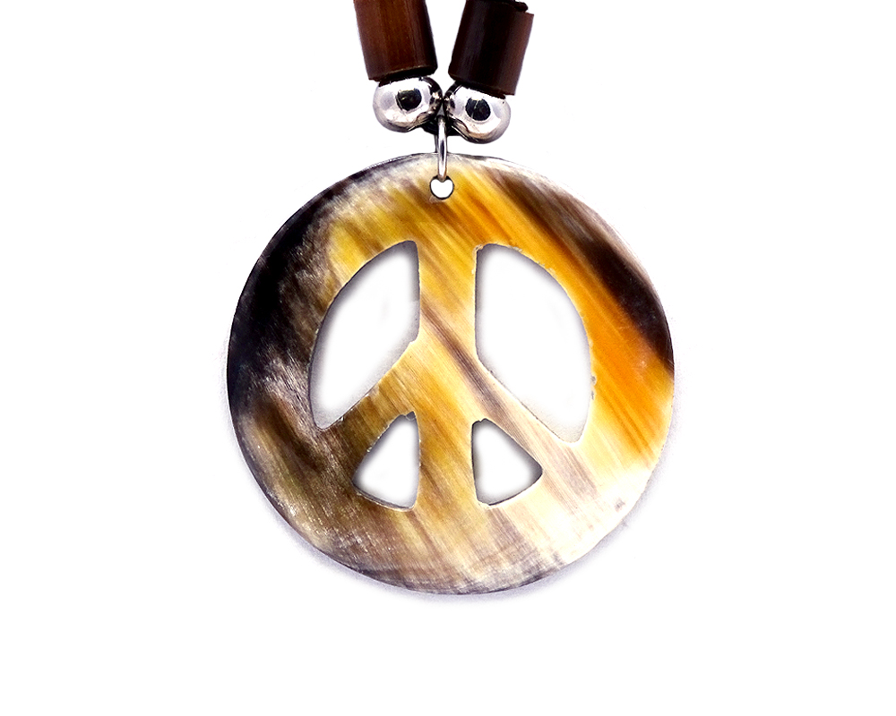 Peace sign shaped natural bull horn pendant on adjustable necklace.