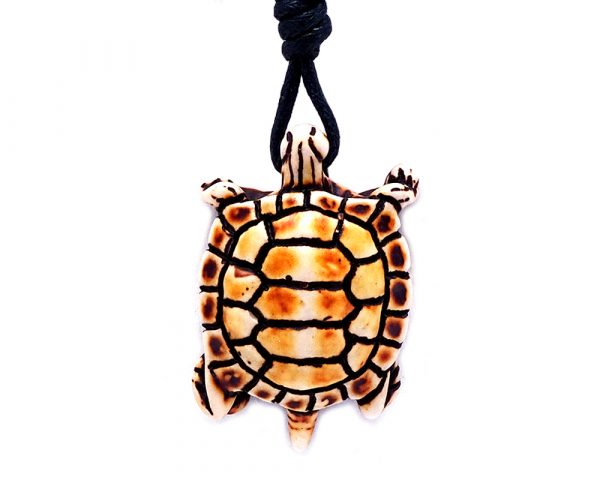 Handmade brown sea turtle resin pendant on adjustable necklace.