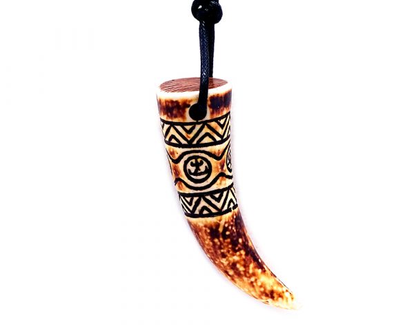 Brown tribal pattern claw resin pendant on adjustable necklace.