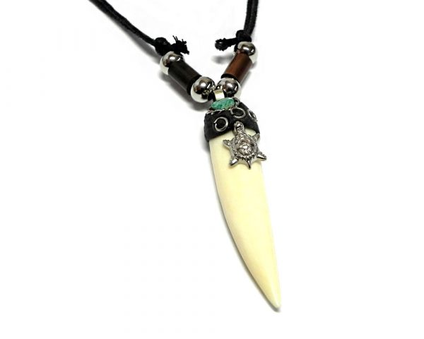 Natural bone tooth pendant with silver metal sea turtle charm, resin, and mini round chrysocolla stone cabochon on adjustable necklace.