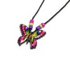 Handmade butterfly acrylic pendant with seed beads on black necklace in hot pink, lime green, purple, golden yellow, and black color combination.