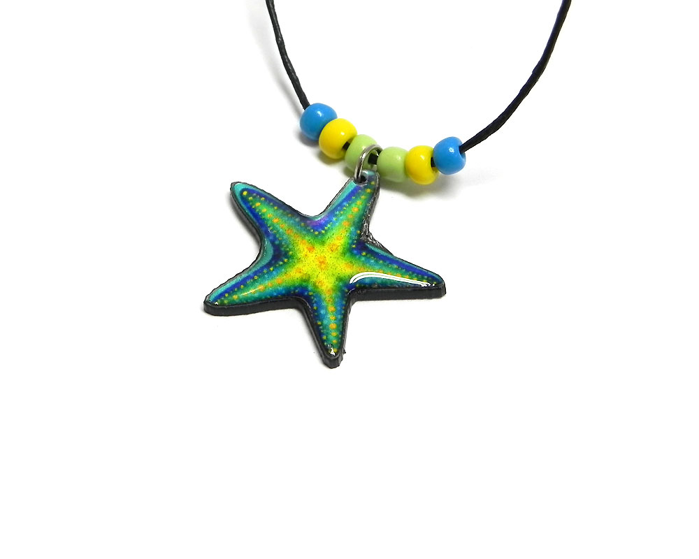 Handmade tropical starfish acrylic pendant with seed beads on black necklace in turquoise blue, yellow, and lime green color combination.