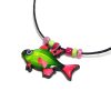 Handmade tropical pattern fish acrylic pendant with seed beads on black necklace in lime green, hot pink, and pink color combination.