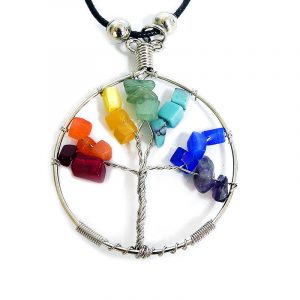 Handmade round silver metal wire wrapped chip stone tree of life pendant on adjustable necklace in Chakra-themed rainbow color combination.