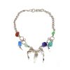Handmade alpaca silver metal chain anklet with natural clear quartz crystal, chip stones, and metal dangles in multicolored color.