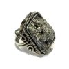 Rectangle-shaped rough-cut raw gemstone on adjustable alpaca silver metal ring with rope edge border in silver pyrite.