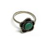 Handmade mini round-shaped flat gemstone cabochon on adjustable alpaca silver metal ring with flower design in teal green chrysocolla.