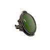 Handmade large oval-shaped cat's eye glass bead cabochon on adjustable alpaca silver metal ring with rope edge border in light green color.