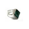 Handmade mini diamond-shaped resin and crushed chip stone inlay cabochon on adjustable silver metal ring in teal green chrysocolla.