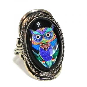 Handmade oval-shaped acrylic New Age themed psychedelic owl graphic design on alpaca silver metal ring with rope edge border in turquoise and multicolored color combination.