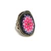 Handmade oval-shaped acrylic New Age themed floral mandala graphic design on alpaca silver metal ring with rope edge border in light pink, hot pink, blue, and golden yellow color combination.