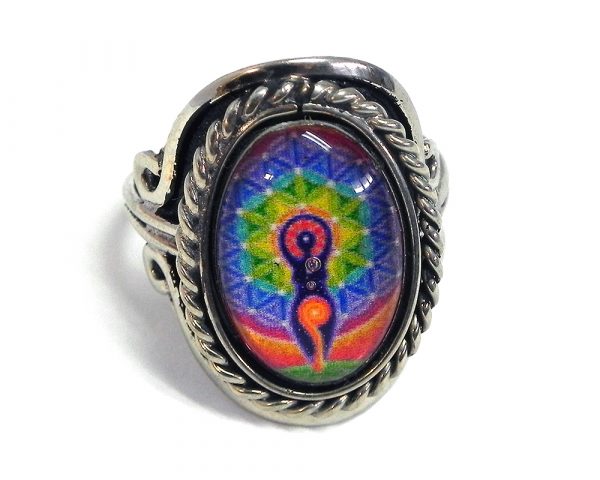 Handmade small oval-shaped acrylic New Age themed Upward Salute yoga pose graphic design on alpaca silver metal ring with rope edge border in multicolored color combination.
