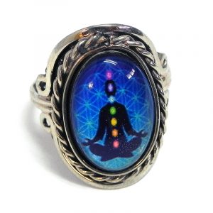 Handmade small oval-shaped acrylic New Age themed flower of life chakra graphic design on alpaca silver metal ring with rope edge border in blue and rainbow multicolored color combination.