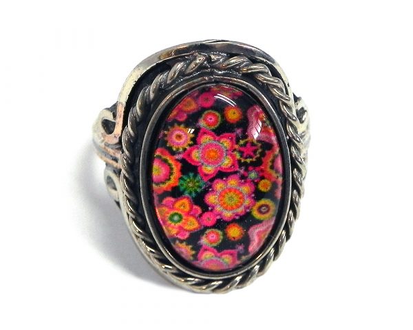 Handmade small oval-shaped acrylic vintage themed floral graphic design on alpaca silver metal ring with rope edge border in black, hot pink, orange, golden yellow, and green color combination.