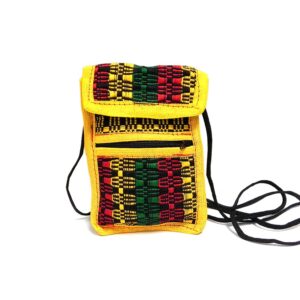 Handmade Rasta mini smartphone bag with multicolored woven cotton, hook-and-loop closure, outer zipper pocket, and strap in yellow.