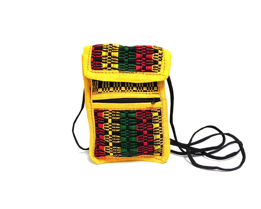 Handmade Rasta mini smartphone bag with multicolored woven cotton, hook-and-loop closure, outer zipper pocket, and strap in yellow.