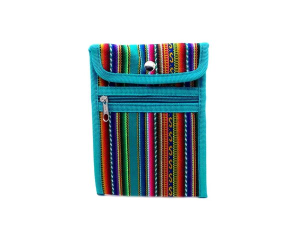 Handmade tribal smartphone bag with multicolored striped acrylic wool, metal snap closure, outer zipper pocket, and strap in teal green.