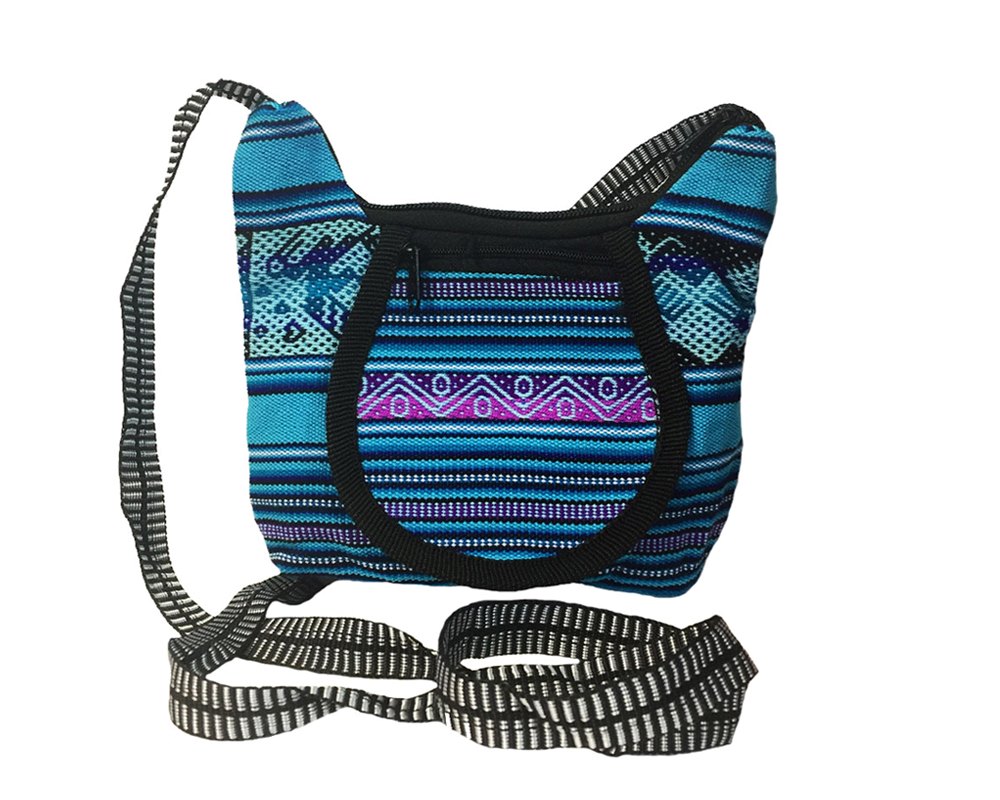 Handmade small tribal purse bag with acrylic wool material, zipper closure, outer flap pocket, and strap in light blue and purple.