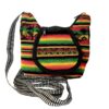 Handmade small crossbody purse bag with tribal print striped pattern material (or manta Inca), vegan leather base, and outer flap pocket in Rasta colors.