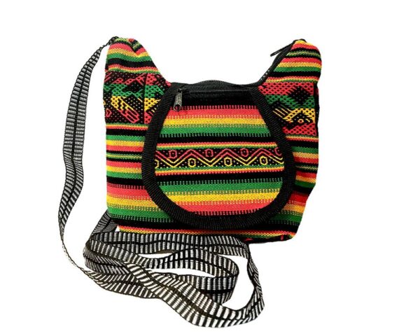 Handmade small crossbody purse bag with tribal print striped pattern material (or manta Inca), vegan leather base, and outer flap pocket in Rasta colors.