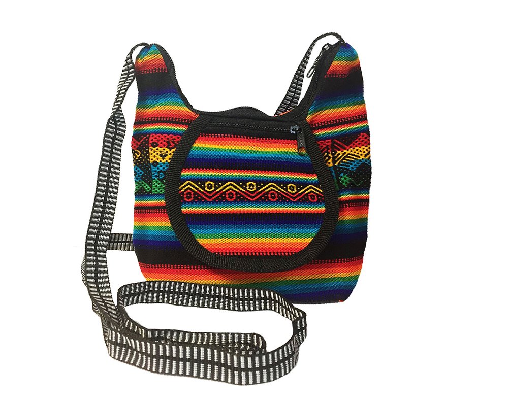 Handmade small crossbody purse bag with tribal print striped pattern material (or manta Inca), vegan leather base, and outer flap pocket in rainbow colors.