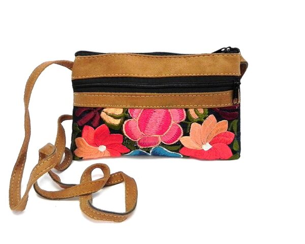 Handmade small leather floral purse bag with tan vegan suede, embroidered cotton, zipper closure, outer pocket, and strap with teal green fabric.