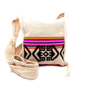 Handmade small tribal purse bag with canvas material, zipper closure, and strap in off-white and multicolored.