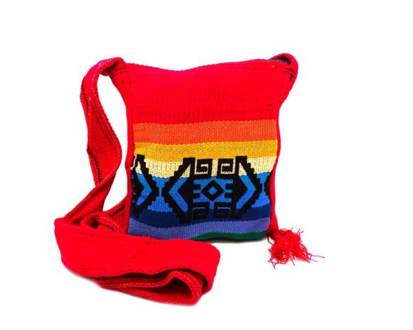 Handmade small tribal purse bag with canvas material, zipper closure, and strap in red and rainbow.