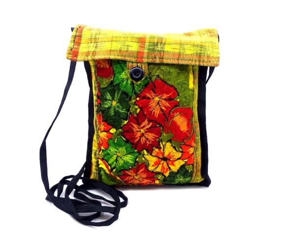 Handmade small floral purse bag with embroidered cotton, plaid fabric, button closure, and strap in yellow.