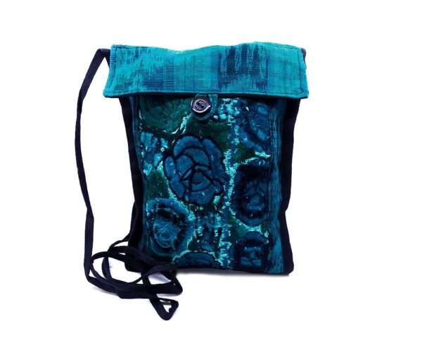 Handmade small floral purse bag with embroidered cotton, plaid fabric, button closure, and strap in teal green.