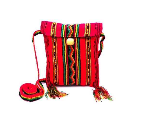 Handmade small square rasta purse bag with acrylic wool, button closure, and strap in red.