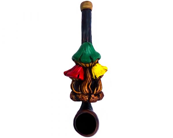 Handcrafted tobacco smoking hand pipe of three mushrooms in Rasta colors in small size.