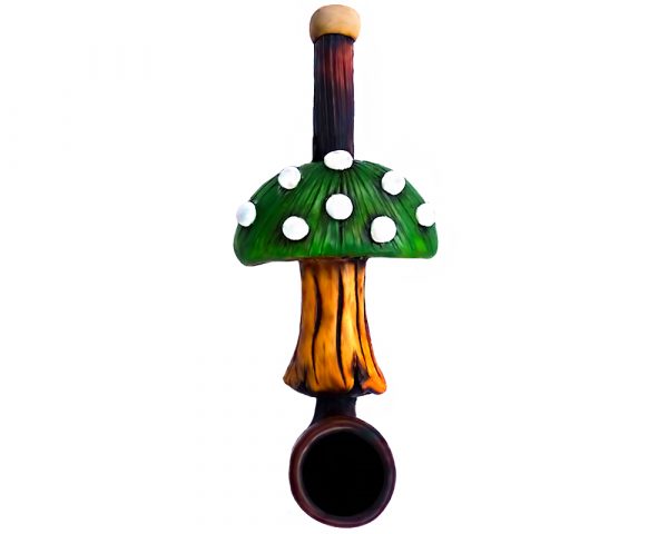 Handcrafted tobacco smoking hand pipe of a green toadstool Amanita magic mushroom in small size.