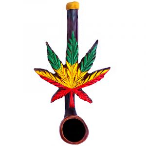 Handcrafted tobacco smoking hand pipe of a Rasta-colored cannabis pot leaf in small size.