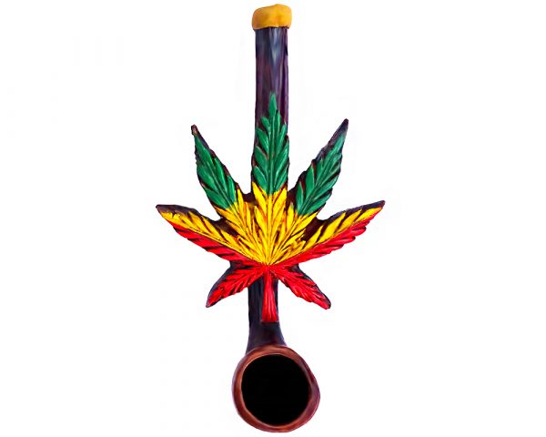 Handcrafted tobacco smoking hand pipe of a Rasta-colored cannabis pot leaf in small size.