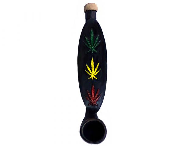 Handcrafted tobacco smoking hand pipe of black board with three Rasta-colored cannabis pot leaves in mini size.