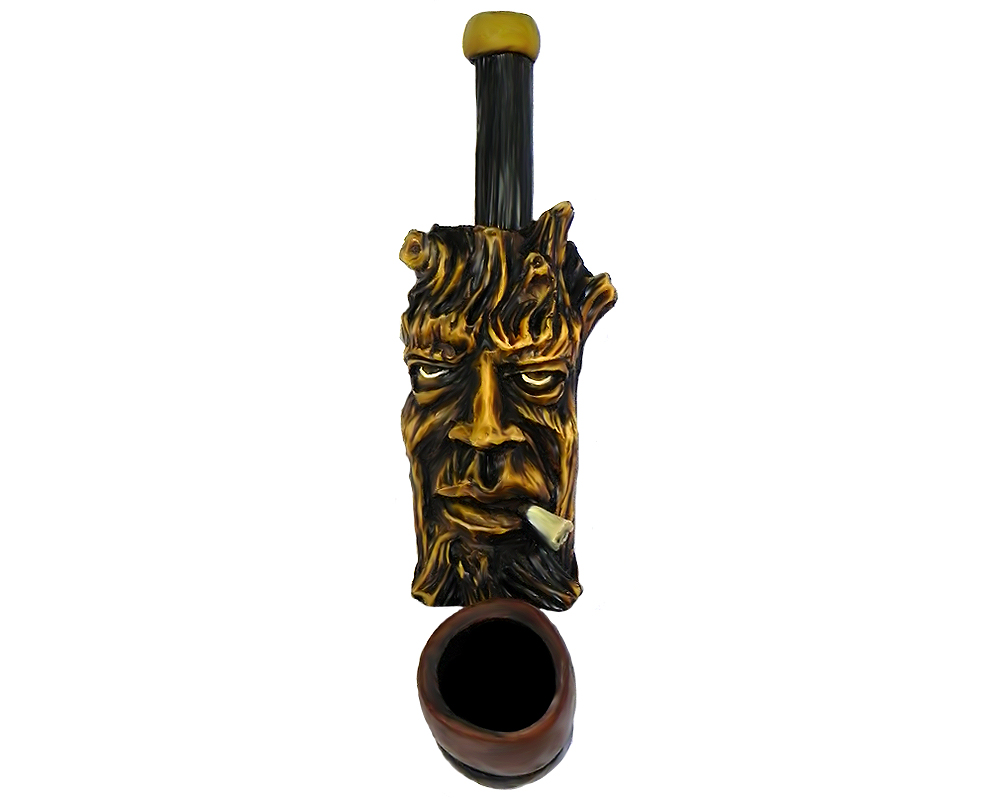 Handcrafted tobacco smoking hand pipe of a smoking brown tree man face in small size.