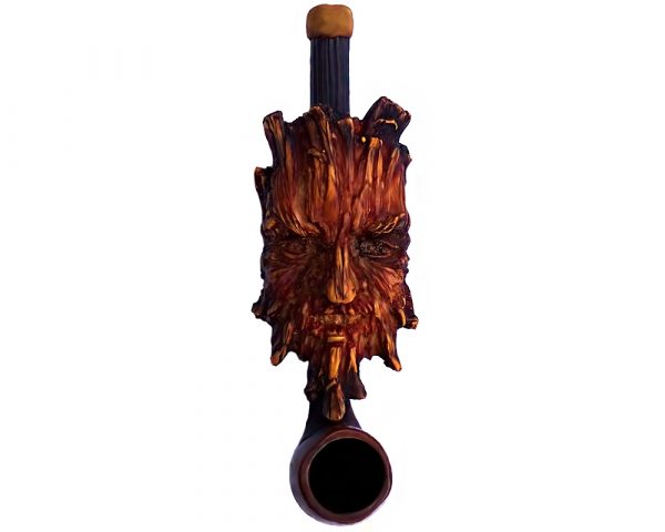 Handcrafted tobacco smoking hand pipe of a brown tree man face in small size.