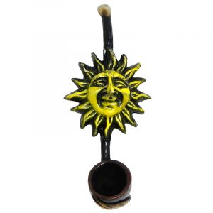 Handcrafted tobacco smoking hand pipe of a yellow sun with a smiley face in small size.