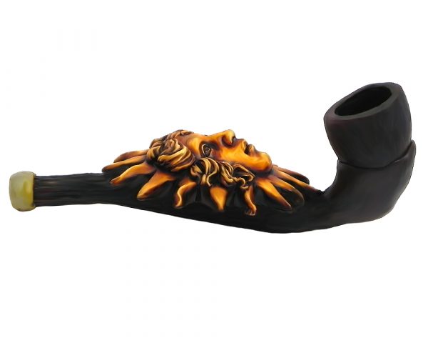 Handcrafted tobacco smoking hand pipe of a golden yellow face with sun rays in small size.