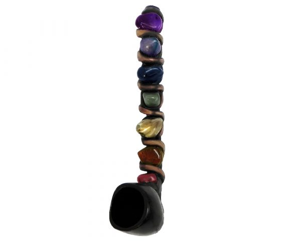 Handcrafted tobacco smoking hand pipe of seven chakra aligned tumbled gemstone crystals in small size.