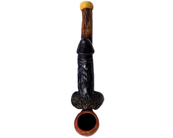Handcrafted tobacco smoking hand pipe of a ebony black penis in small size.