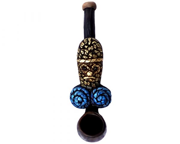 Handcrafted tobacco smoking hand pipe of a yarn-like penis with an angry face and blue balls in small size.