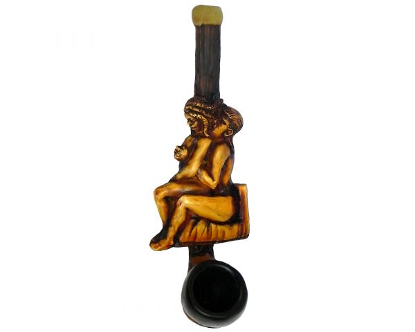 Handcrafted tobacco smoking hand pipe of a man and woman couple in a reverse cowgirl sex position on a chair in small size.