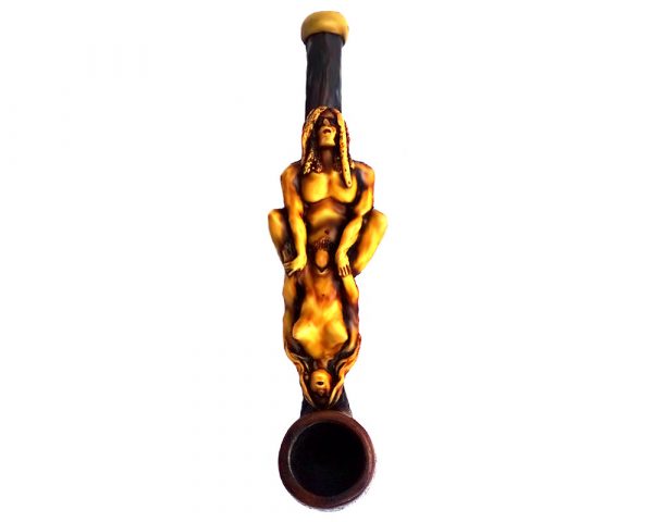 Handcrafted tobacco smoking hand pipe of a man and woman couple in kama sutra spider sex position in small size.